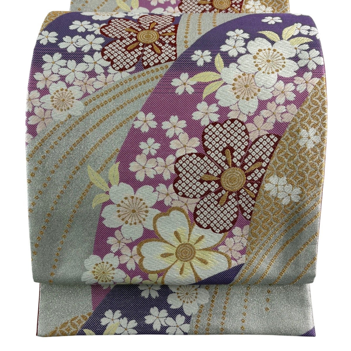 【袋帯】　象牙色　アイボリー　金糸　赤色と紫色の差し色 正絹　桜　大柄 袋帯 秀品 桜 七宝 金糸 箔 紫 六通 正絹｜中古・古着・リサイクル着物