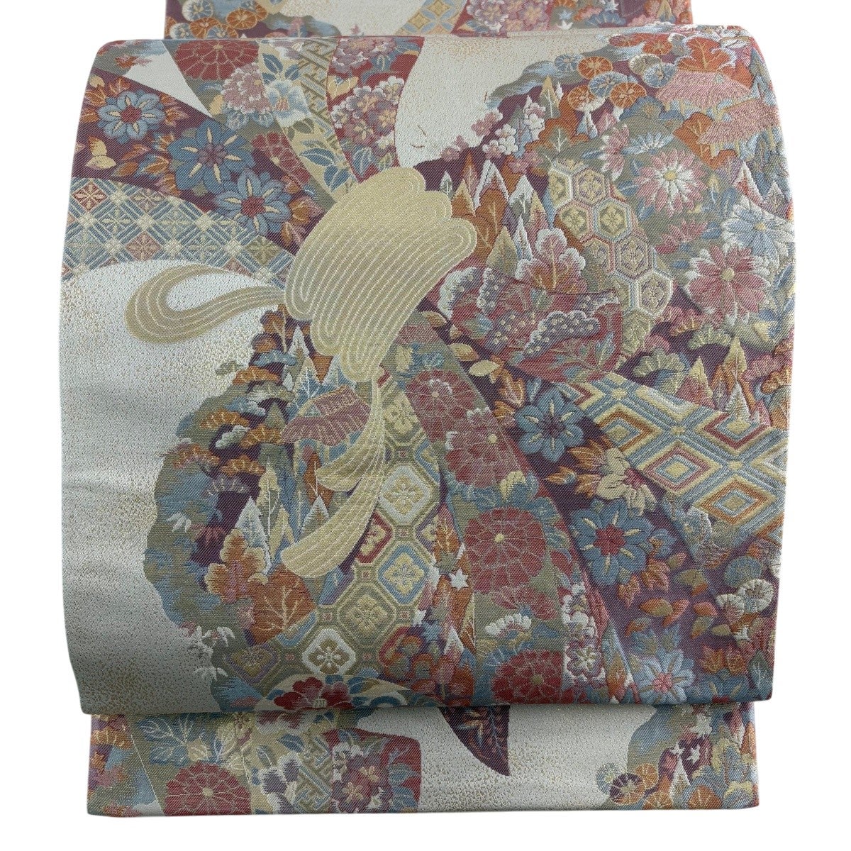 美品】 袋帯 秀品 束ね熨斗 草花 箔 薄茶色 六通 正絹｜中古・古着