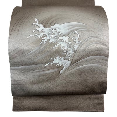 美品】 袋帯 秀品 落款あり 波頭 箔 灰茶 お太鼓柄 正絹｜中古・古着 