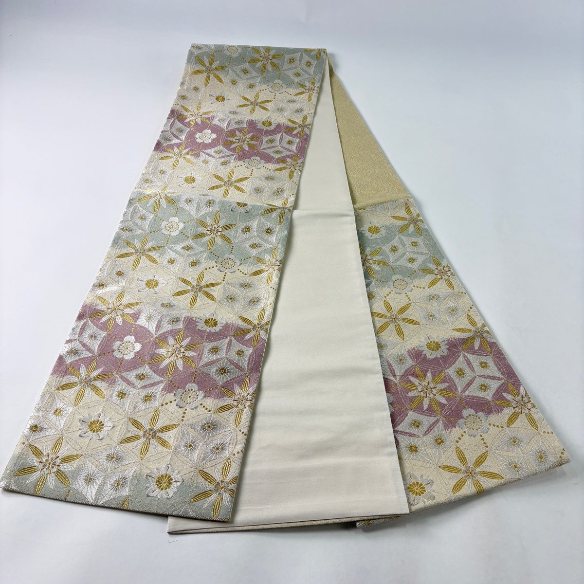 美品】 袋帯 名品 桜 菊 金銀糸 灰茶 六通 正絹｜中古・古着