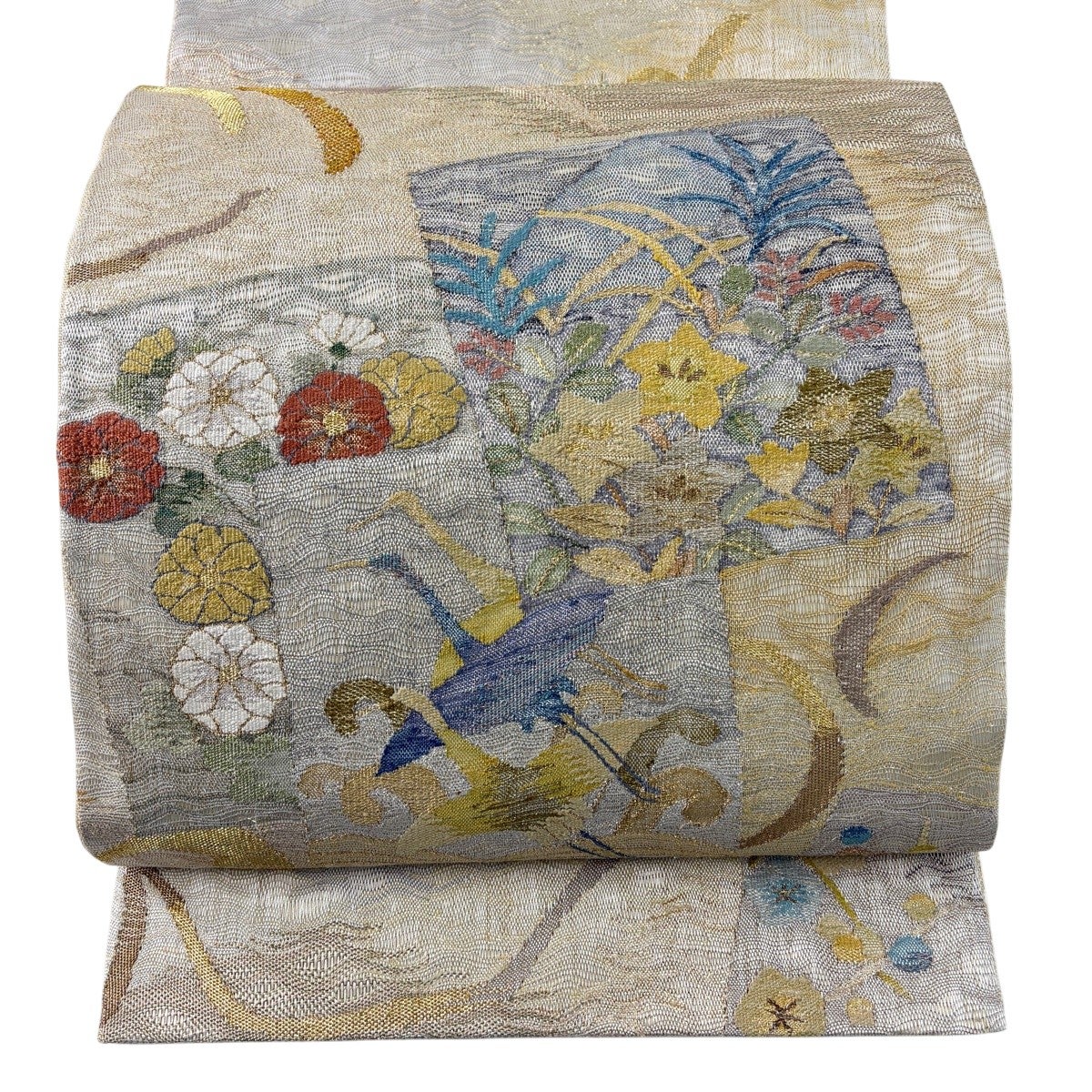 袋帯 秀品 花鳥 孔雀 金銀糸 箔 クリーム 六通 正絹｜中古・古着