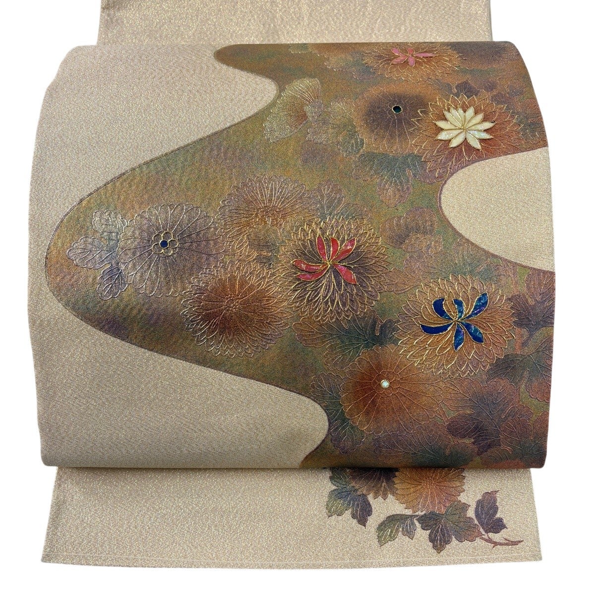 美品】 袋帯 名品 菊 螺鈿 金彩 ベージュ お太鼓柄 正絹｜中古・古着