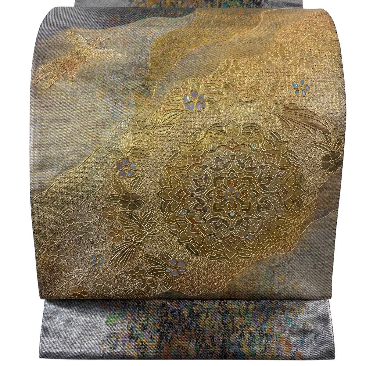 美品】 袋帯 名品 華文 花鳥 螺鈿 金彩 金色 お太鼓柄 正絹｜中古