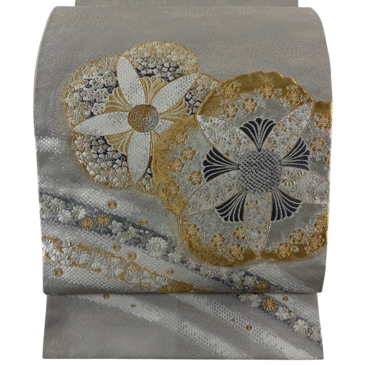 袋帯 名品 加納幸 落款あり 花 波 金銀糸 灰色 お太鼓柄 正絹｜中古