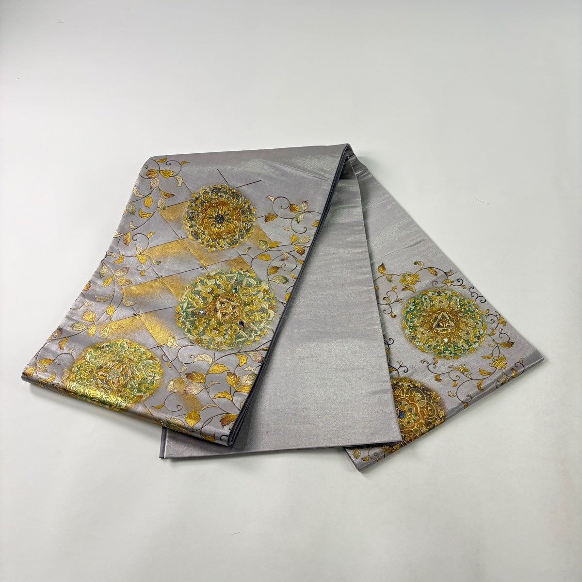 袋帯 名品 華文 唐草 螺鈿 金銀彩 灰紫 お太鼓柄 正絹｜中古・古着