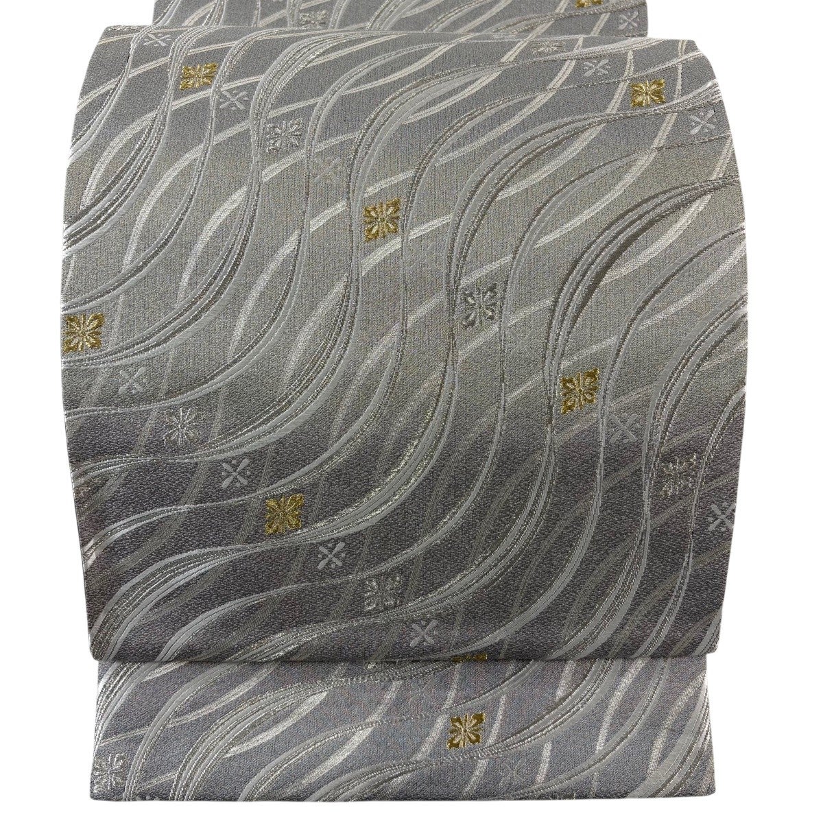 美品】 袋帯 名品 花菱 幾何学模様 金銀糸 箔 銀色 六通 正絹｜中古
