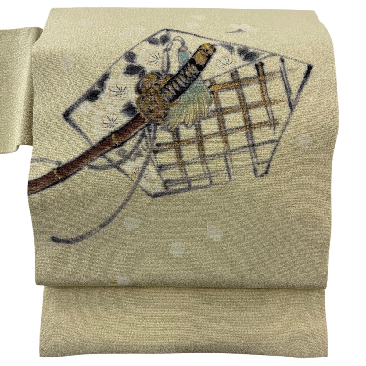 びっくりSALE！名品 逸品 正絹洒落帯 船頭さん 名古屋帯 名品 落款あり 山科春宣 刀 桜 金彩 ベージュ 正絹｜中古