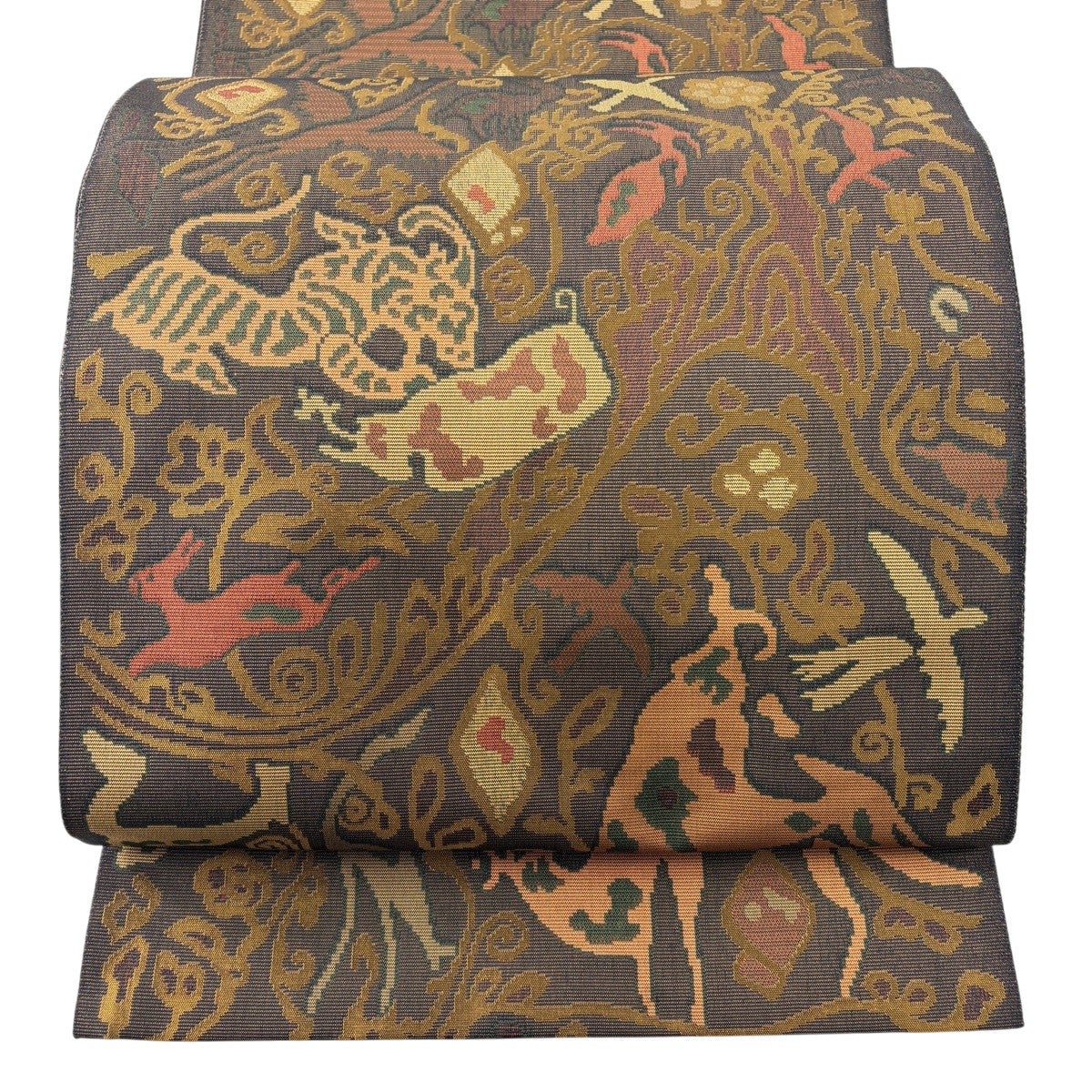 美品】 袋帯 名品 木屋太 百獣文 草花 茶色 全通 正絹｜中古・古着
