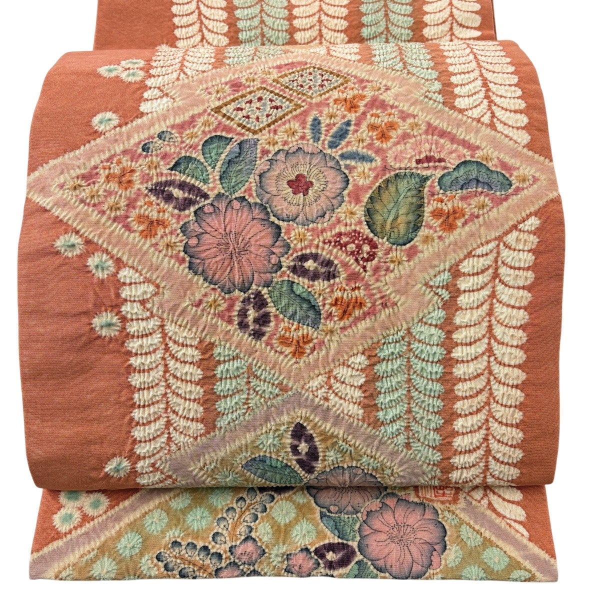 美品】 袋帯 名品 落款あり 辻が花 松皮菱 銀通し サーモンピンク