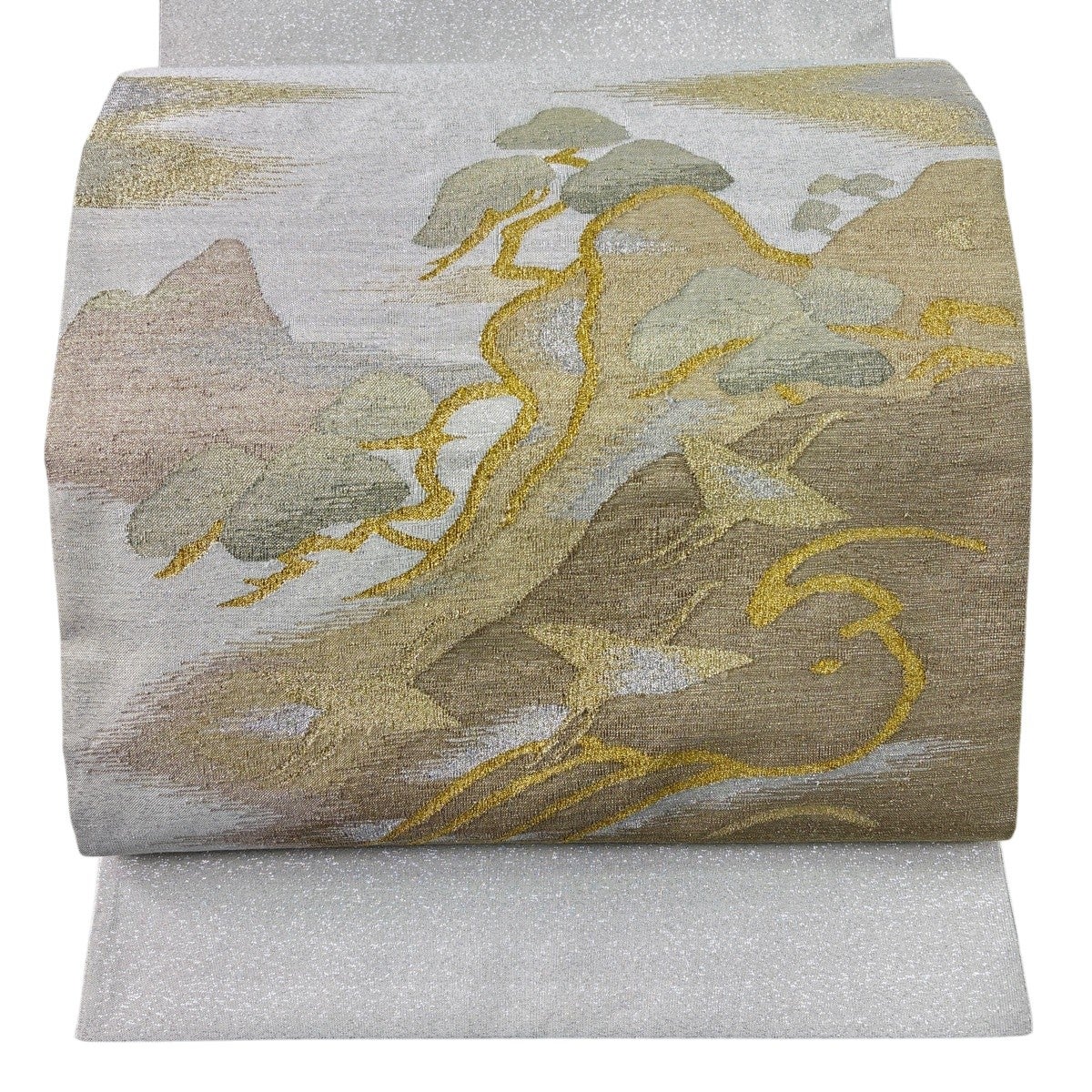 AA33袋帯 全通柄 金通　グレー　幾何学 正絹 美品 美品】 袋帯 名品 鶴 松 金銀糸 灰白 お太鼓柄 正絹｜中古・古着