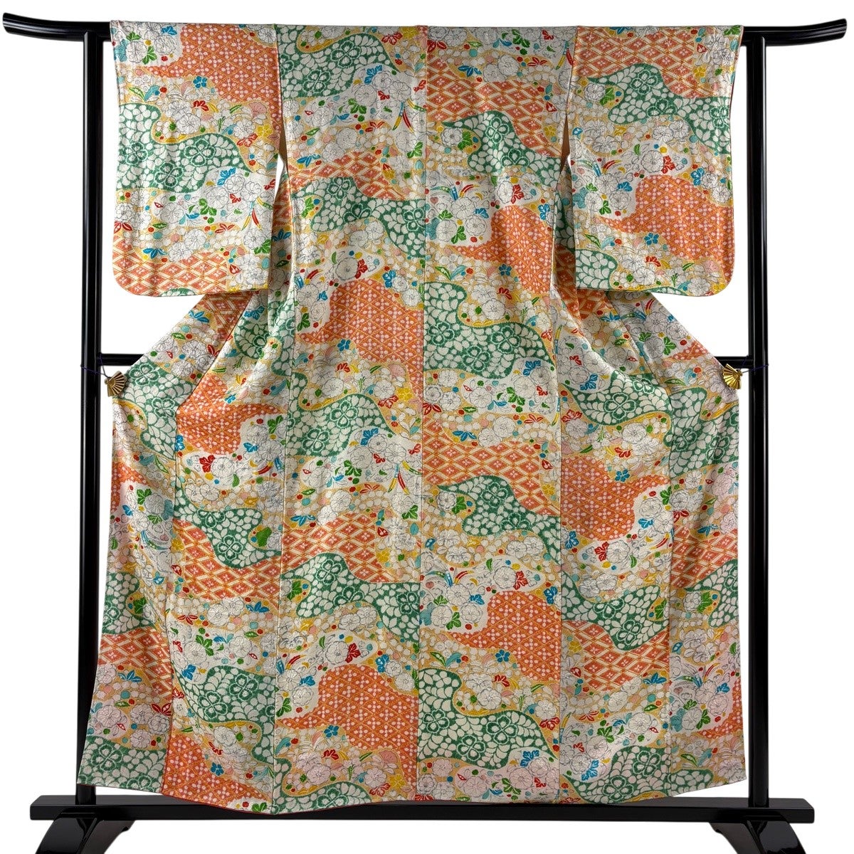 しつけ付き　未使用品　浴衣反物　本染　赤　オレンジ　緑　花柄　個性的　コーマ 美品】 小紋 身丈157cm 裄丈61cm S 袷 草花 花菱 オレンジ 正絹 優品