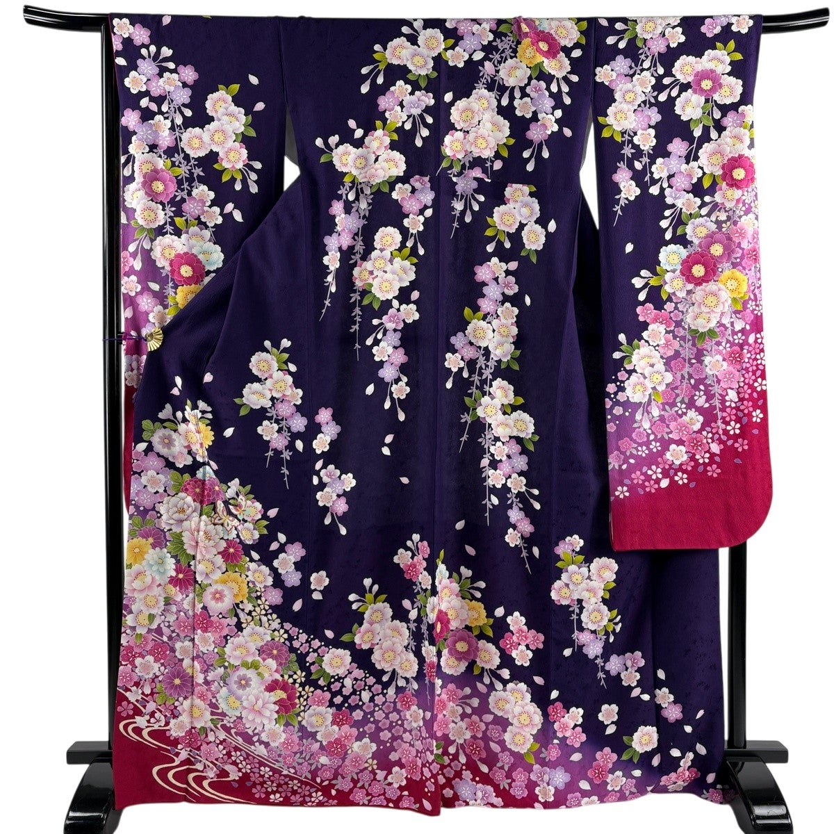 美品】 振袖 身丈169cm 裄丈67.5cm L 袷 蝶 草花 ラメ ぼかし 濃紫