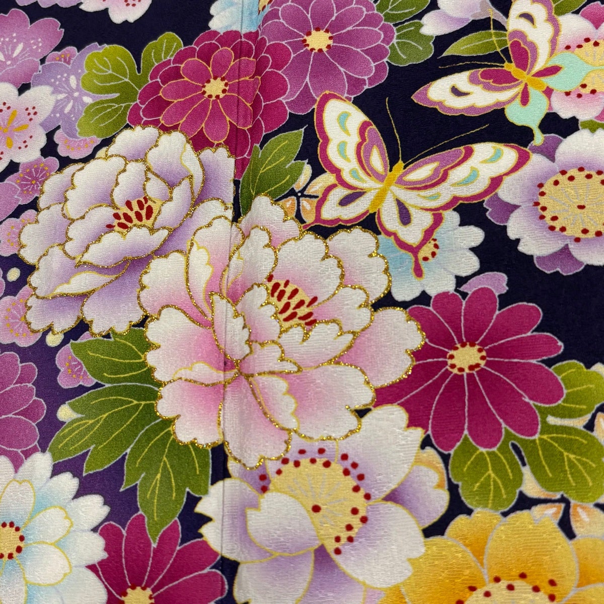 美品】 振袖 身丈169cm 裄丈67.5cm L 袷 蝶 草花 ラメ ぼかし 濃紫