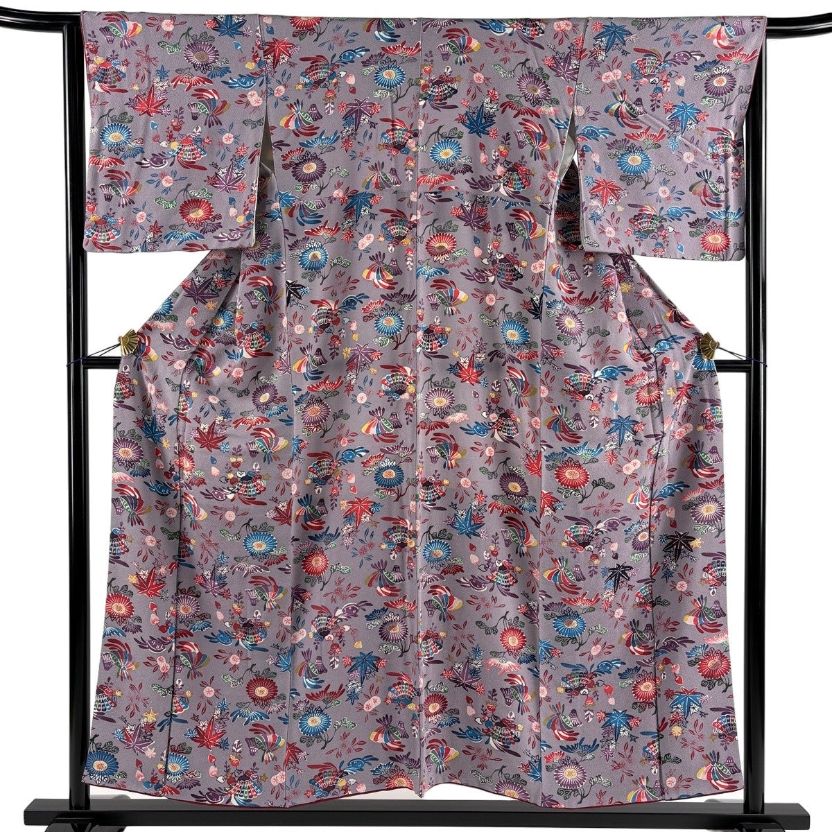 美品】 小紋 身丈154cm 裄丈64cm M 袷 菊 楓 縮緬 灰紫 正絹 名品