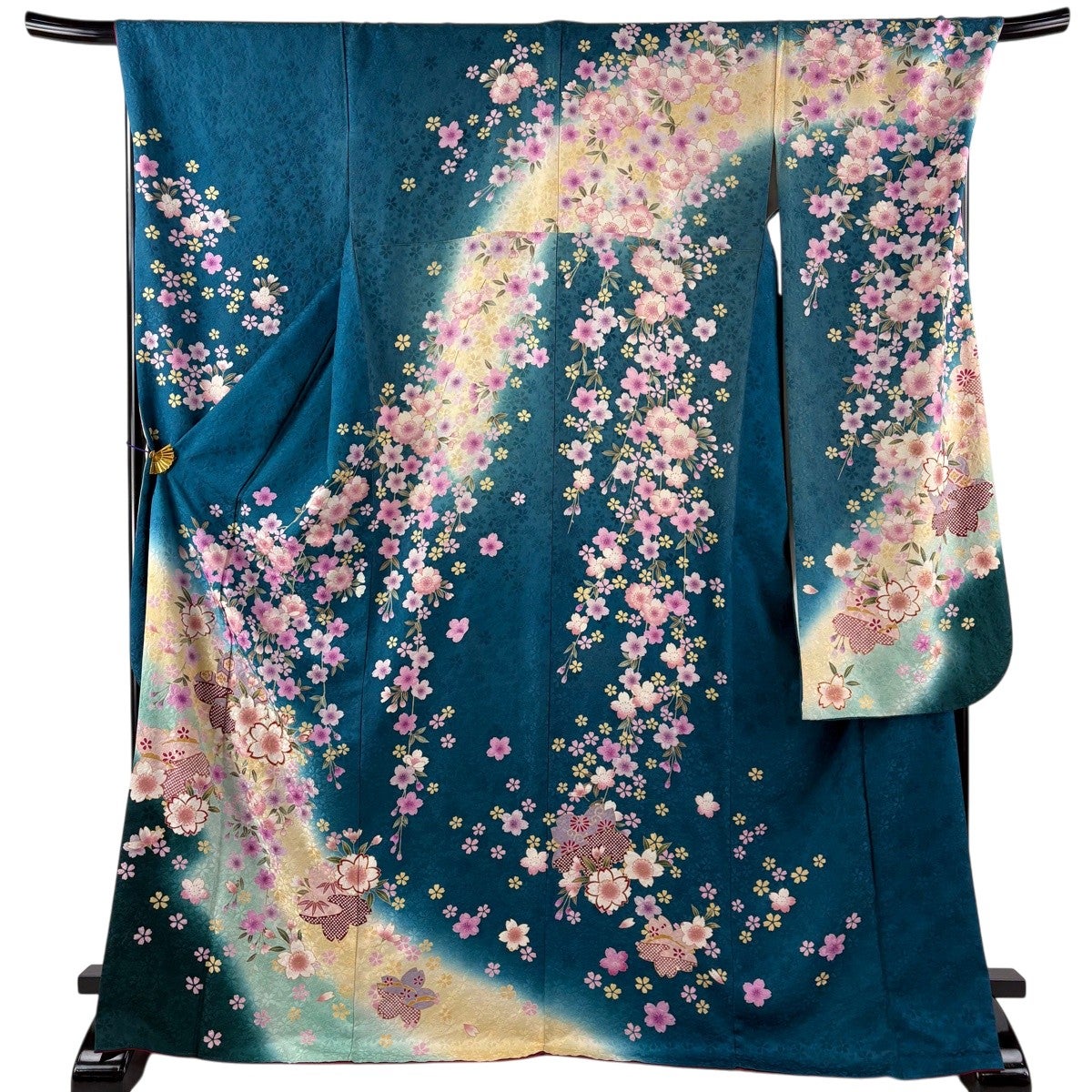 【振袖フルセット】身丈166cm 裄丈68.5cm 桜 霞 箔 金彩 青緑 振袖 身丈171cm 裄丈70cm L 袷 枝垂れ桜 金糸 金彩 青緑 正絹 名品