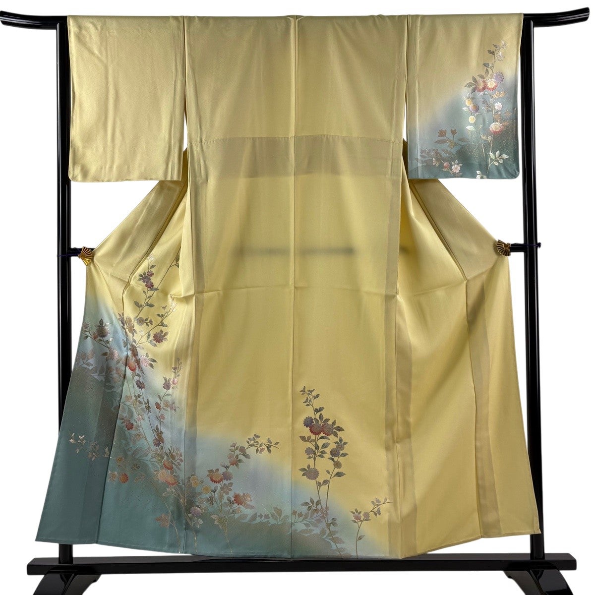 美品】 訪問着 身丈156cm 裄丈64cm M 単衣 菊 螺鈿 金銀彩 薄黄 正絹