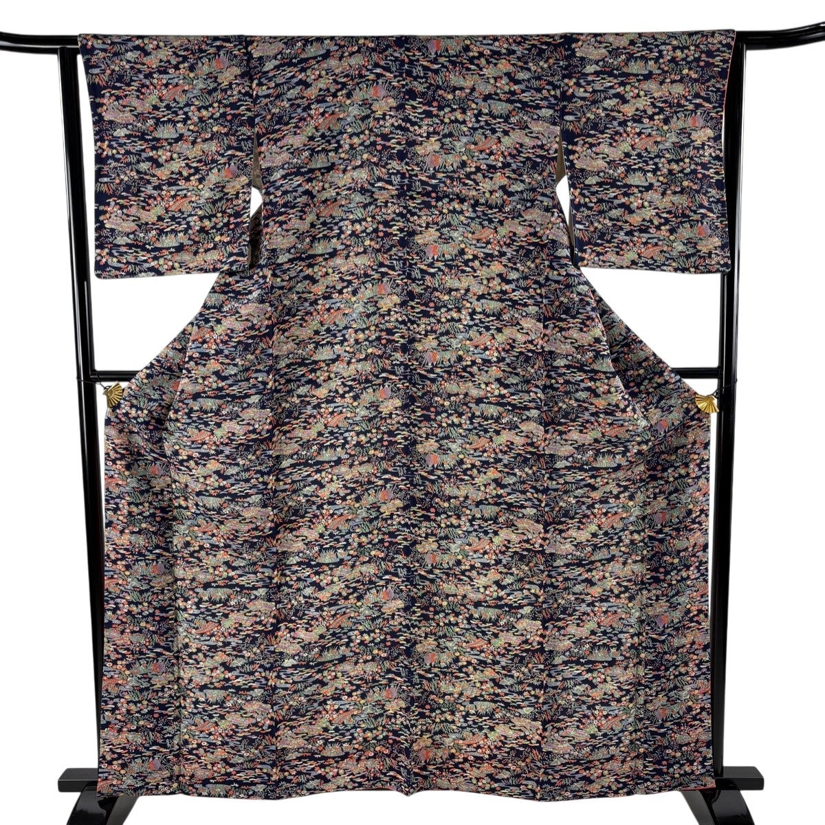 美品】 小紋 身丈162.5cm 裄丈65.5cm M 袷 草花 縮緬 茶緑色 正絹 秀品