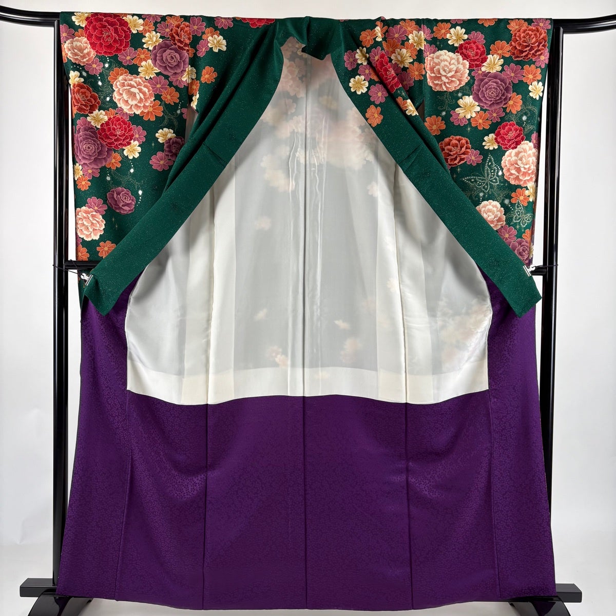 美品】 振袖 身丈161.5cm 裄丈64cm M 袷 草花 地紋 銀通し 刺繍 深緑