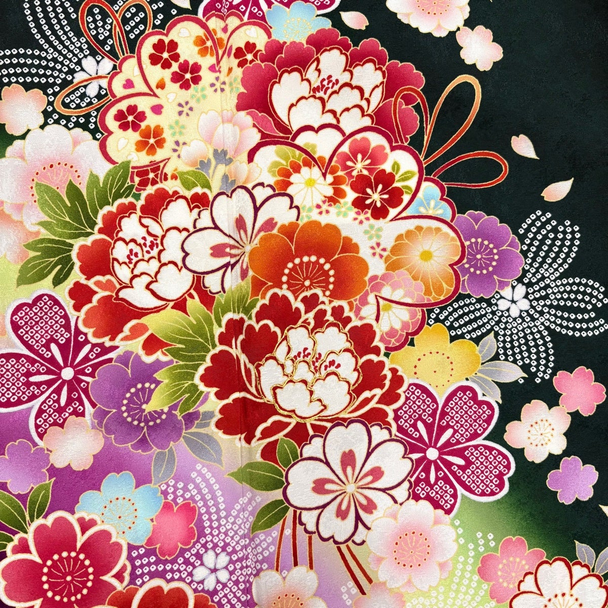美品】 振袖 身丈163cm 裄丈67.5cm L 袷 牡丹 桜 金糸 染め分け 深緑