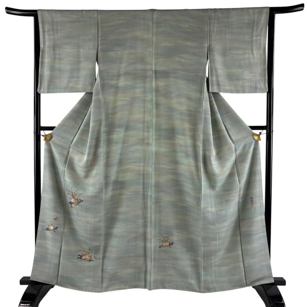 訪問着 身丈161cm 裄丈65.5cm 正絹 逸品 【中古】 訪問着 身丈161cm 裄丈66cm M 袷 落款あり 女郎花 草花 紺色 正絹 名品