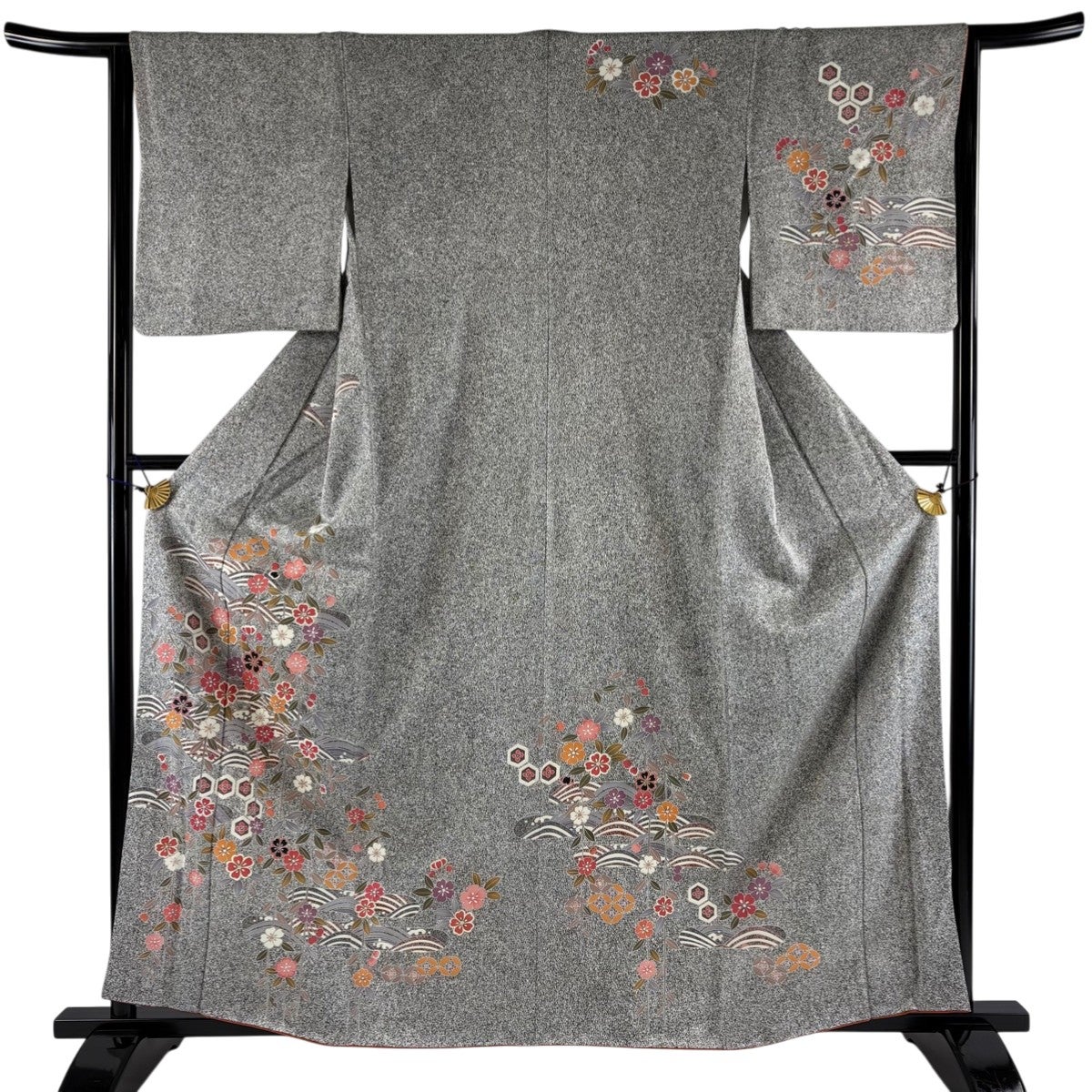 美品 着物(淡いグレー系 裄丈68) 銀座【D-3637】伝統工芸士 田島輝久作 小紋 グレー系 幾何文（落款入
