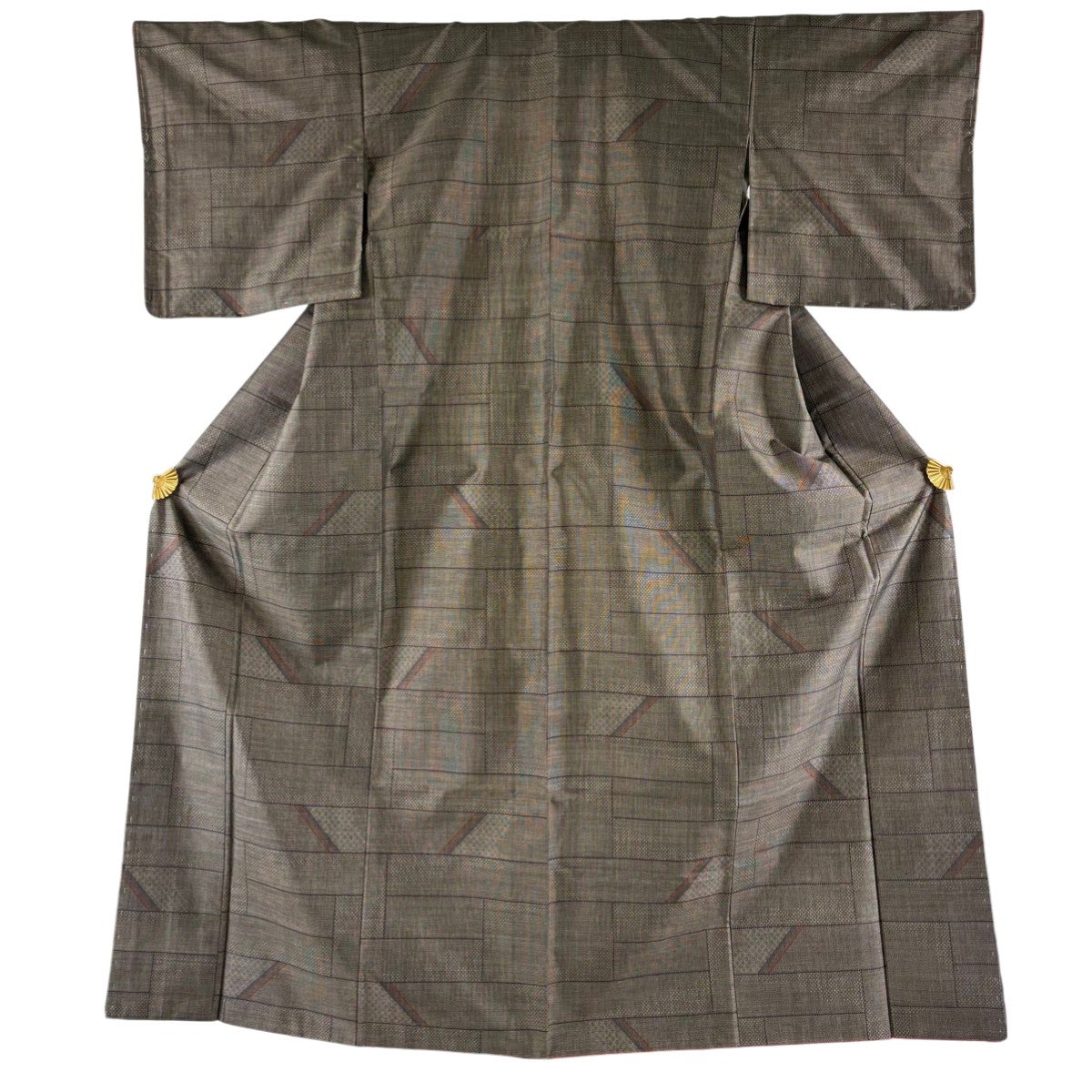 紬 身丈154.5cm 裄丈64cm M 袷 縦縞 幾何学模様 ピンクベージュ 正絹