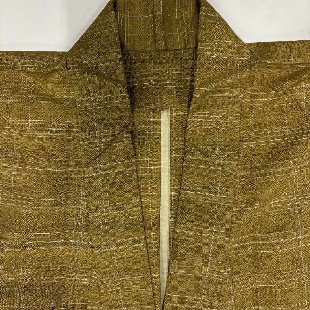 美品】 紬 身丈153cm 裄丈68cm L 単衣 バチ衿 格子 茶緑色 正絹 秀品