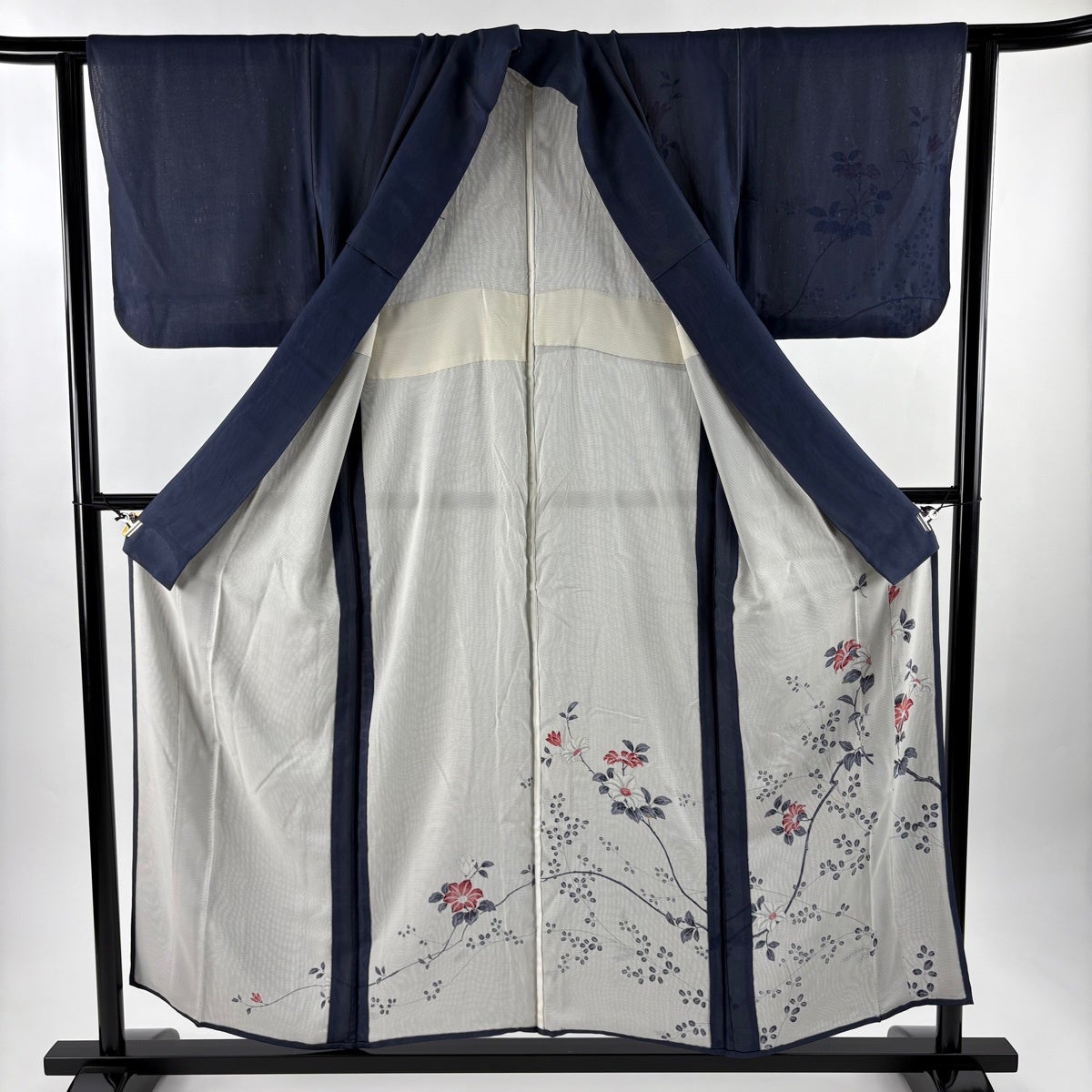 訪問着 身丈154.5cm 裄丈64.5cm M 紗絽袷 枝花 萩 紺色 正絹 秀