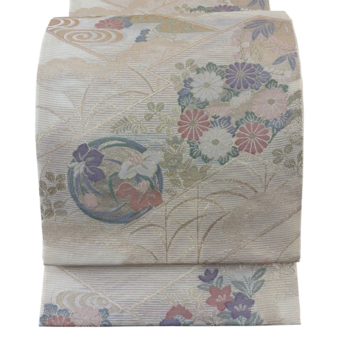 袋帯 秀品 菱 花菱 金糸 刺繍 ベージュ 六通 正絹｜中古・古着
