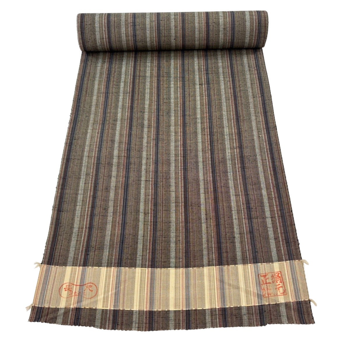 反物 秀品 紬 縞 茶緑色 正絹｜中古・古着・リサイクル着物通販