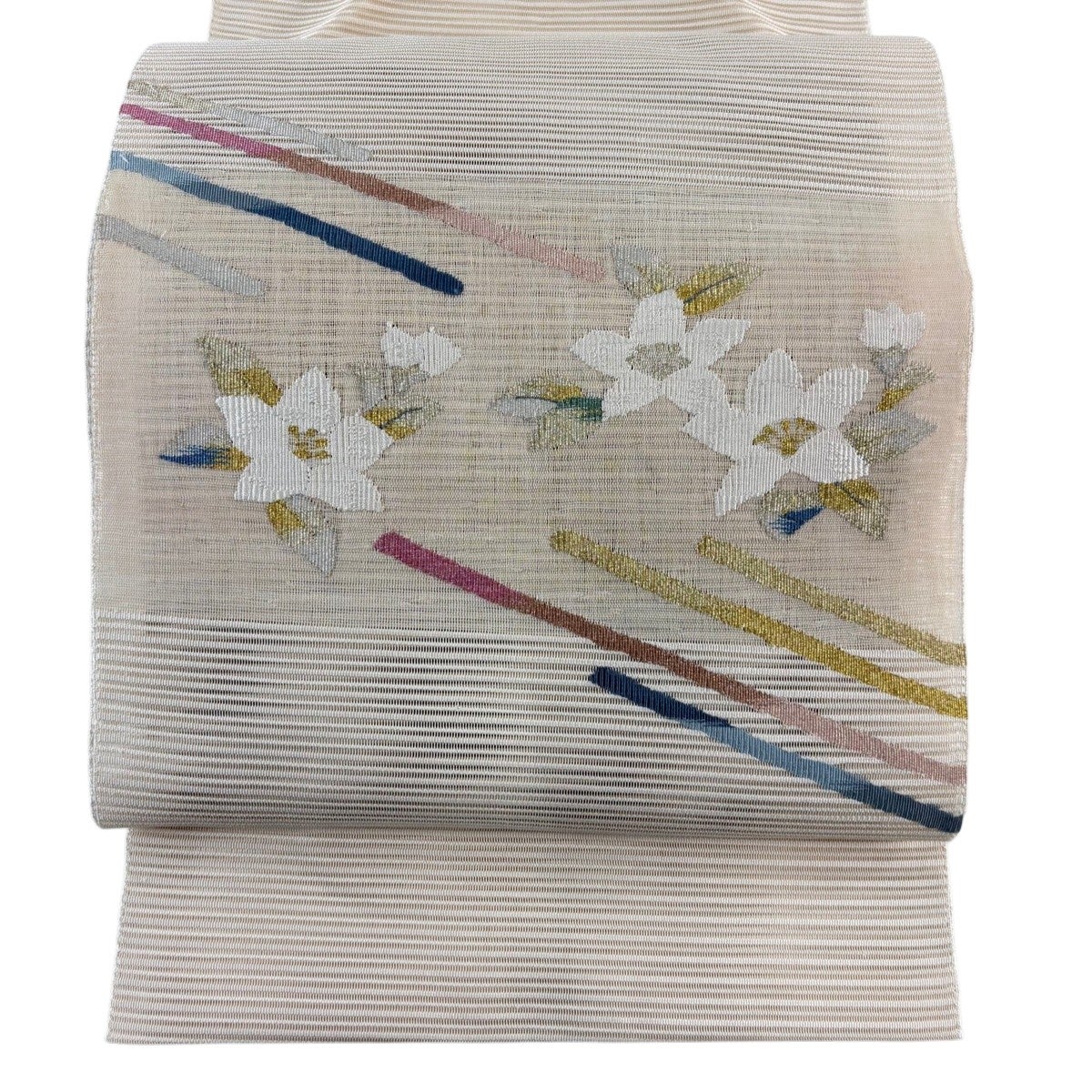 名古屋帯 秀品 夏帯 絽 八寸名古屋帯 松葉仕立て 霞 金銀糸 クリーム