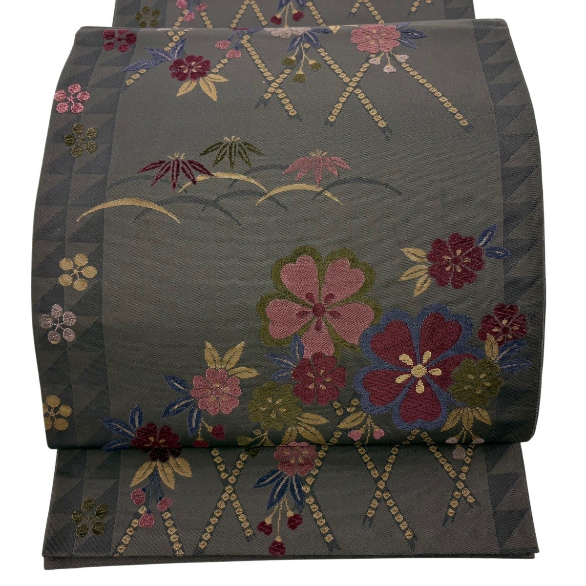 袋名古屋帯 優品 桜 菱文 墨色 化繊｜中古・古着・リサイクル着物通販 
