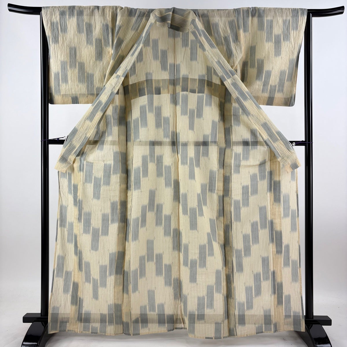 紬 身丈164cm 裄丈64cm M 薄物 夏紬 縞 幾何学模様 ベージュ 麻 名品