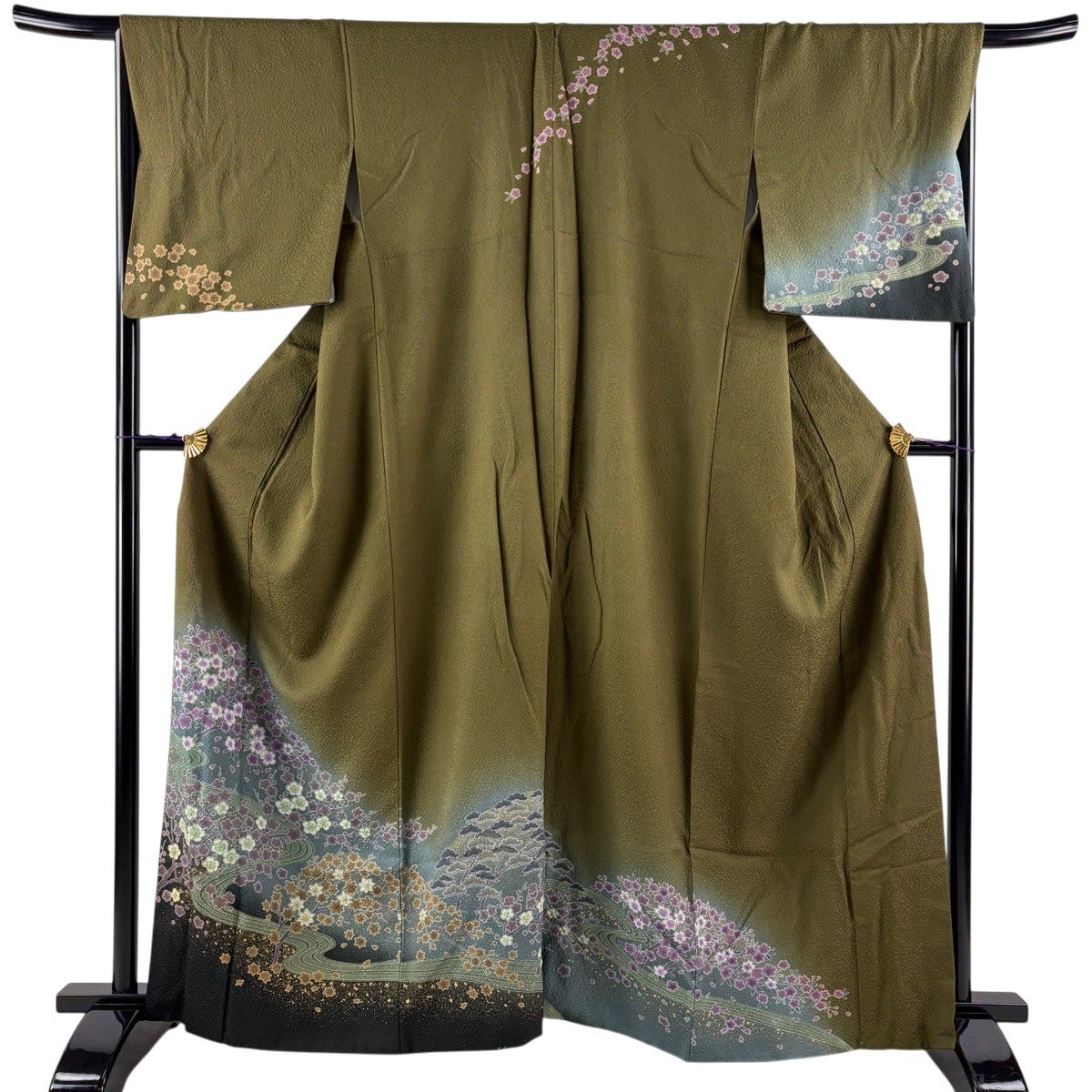 訪問着 身丈166cm 裄丈69cm L 袷 菊 椿 金彩 ぼかし 青灰色 正絹 名品