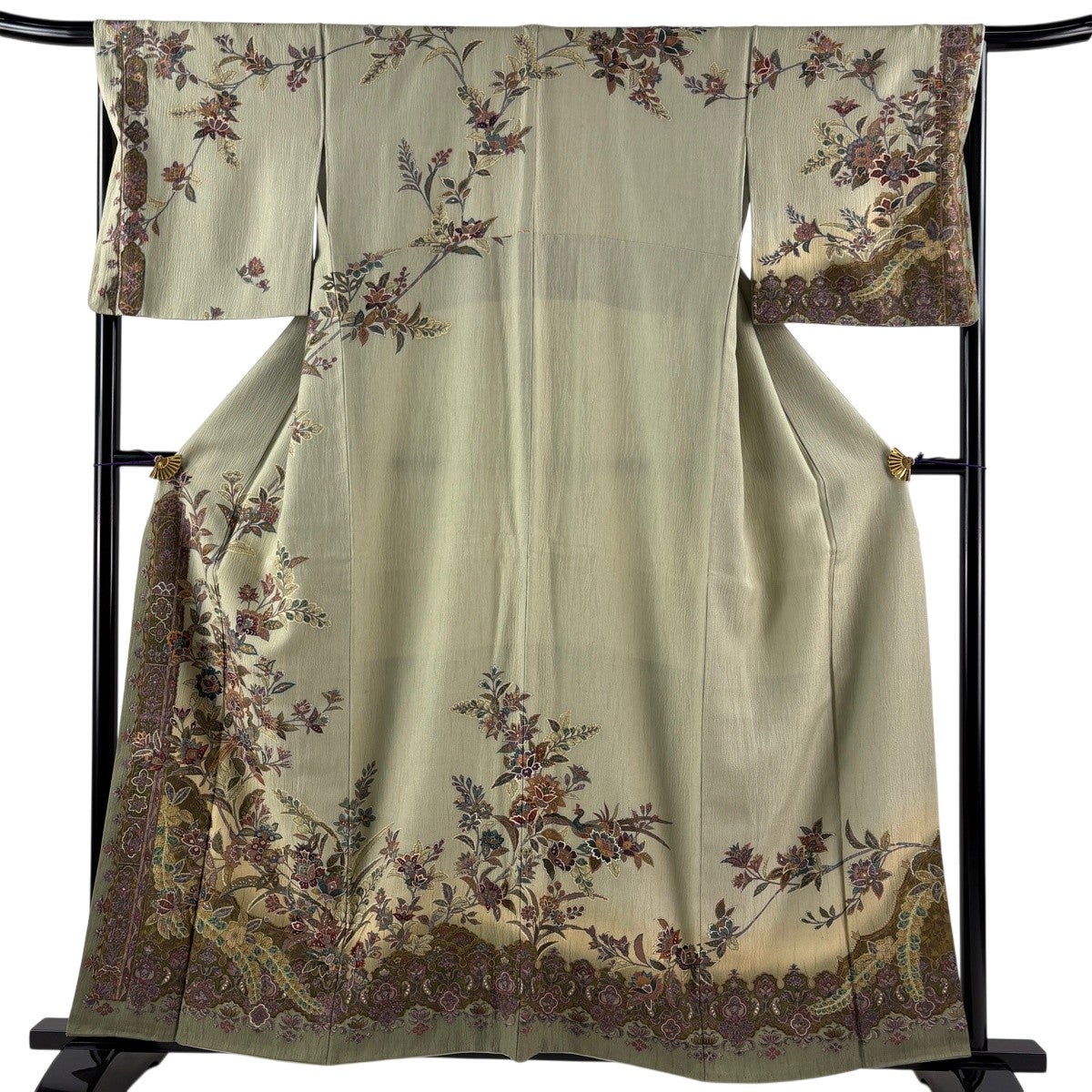 訪問着 身丈158.5cm 裄丈68cm L 袷 枝花 花鳥 金彩 灰緑 正絹 名品