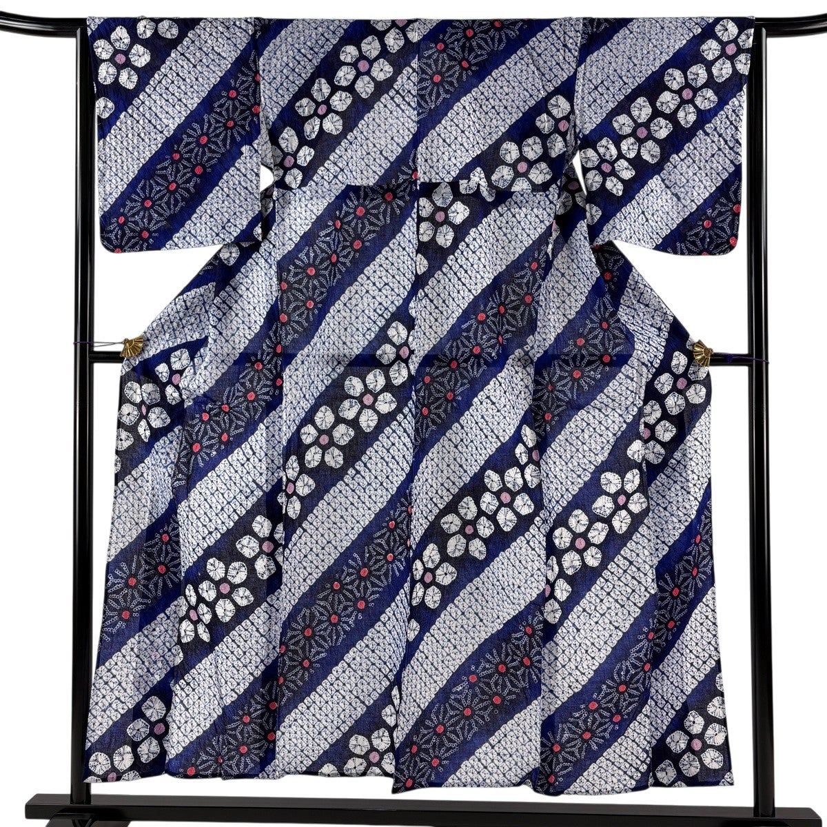 浴衣 身丈155cm 裄丈63.5cm S 絞り浴衣 梅 麻の葉 青 綿 名品｜中古