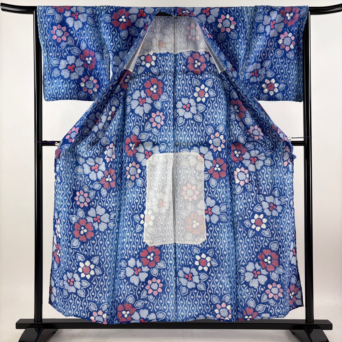 浴衣 身丈157.5cm 裄丈65cm M 絞り浴衣 草花 立涌 青 綿 名品｜中古