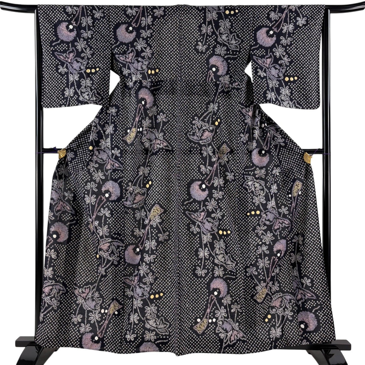 昭和レトロ パステル画 浴衣の少女 額装72×92cm 大型 銀座額縁 上尚司 浴衣 身丈161.5cm 裄丈64cm M 絞り浴衣 風鈴 草花 墨色 綿 名品｜中古