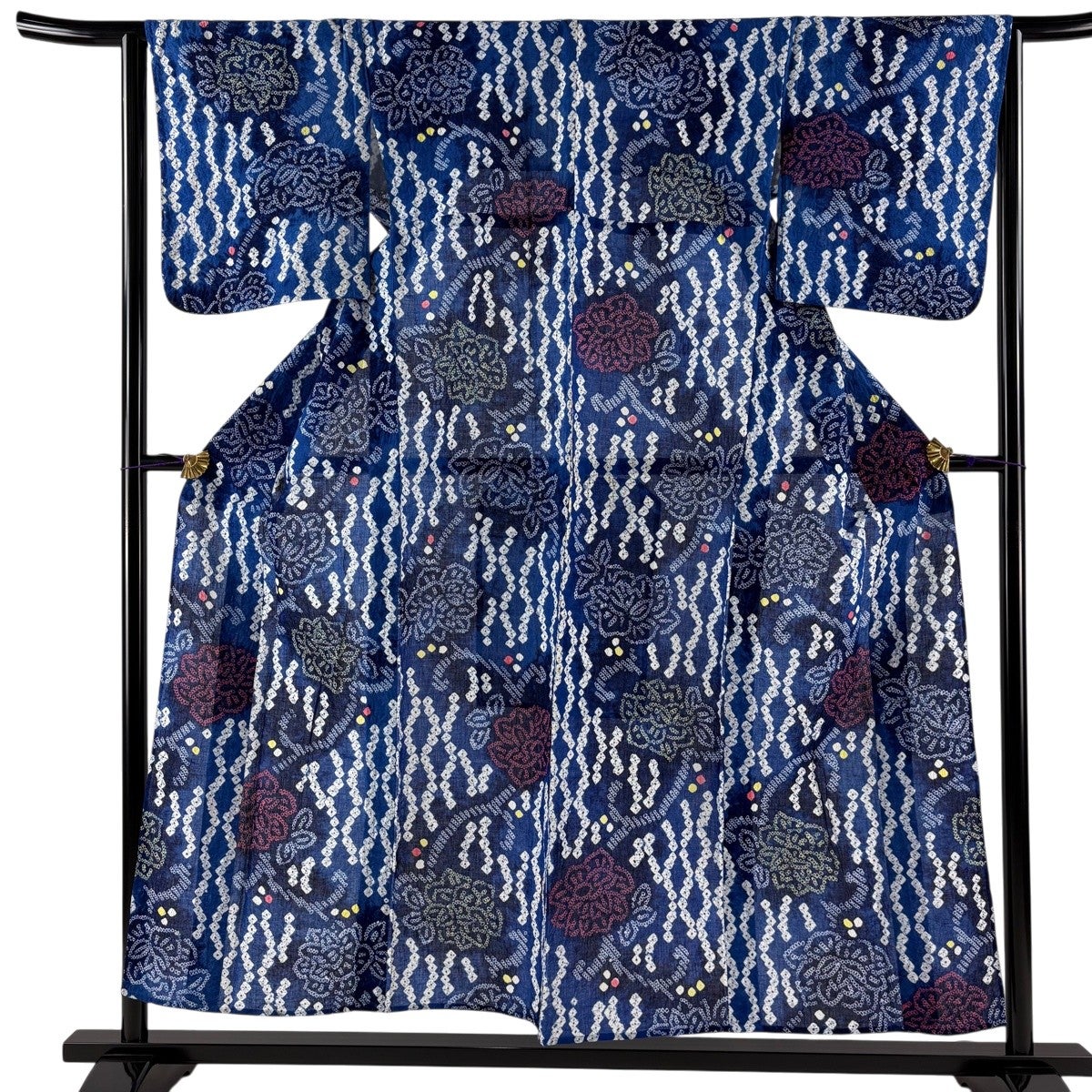 浴衣 身丈155cm 裄丈64cm M 絞り浴衣 草花 立涌 青 綿 名品｜中古