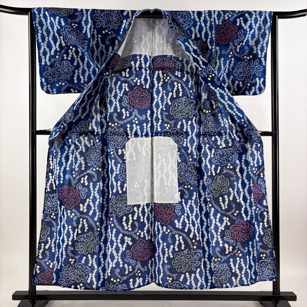 浴衣 身丈155cm 裄丈64cm M 絞り浴衣 草花 立涌 青 綿 名品｜中古