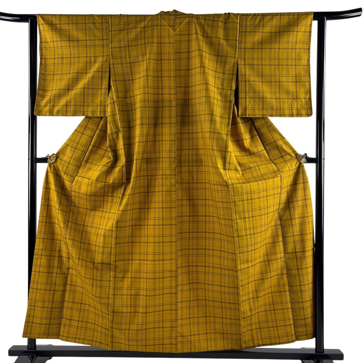 美品】 紬 身丈162cm 裄丈68cm L 単衣 証紙あり 格子 黄土色 正絹 秀品