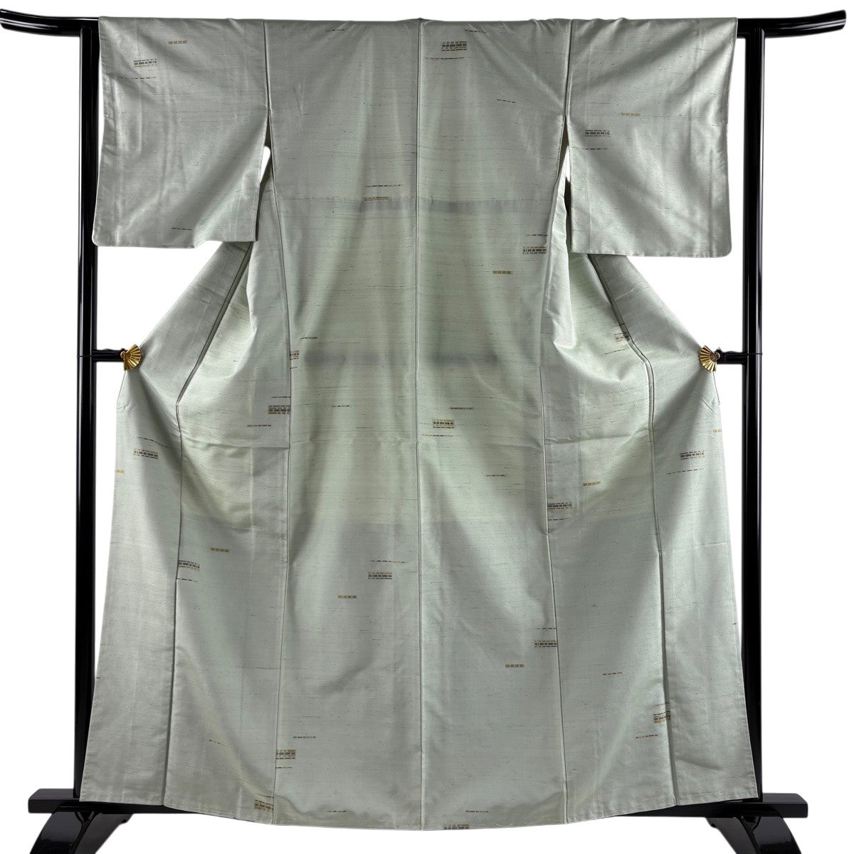 美品】 紬 身丈162.5cm 裄丈63cm S 袷 幾何学模様 薄緑 正絹 名品