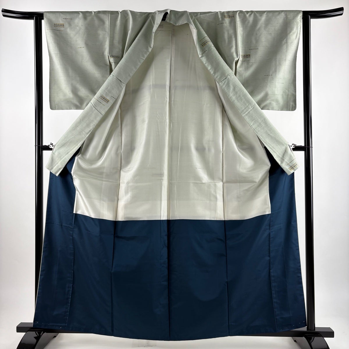 ふぅ　紬　識　2点セット 美品】 紬 身丈162.5cm 裄丈63cm S 袷 幾何学模様 薄緑 正絹 名品