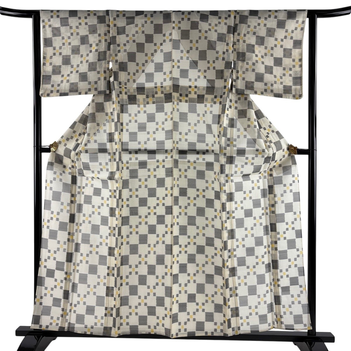 紬 身丈159cm 裄丈63cm S 薄物 夏紬 変わり市松 クリーム 正絹 名品