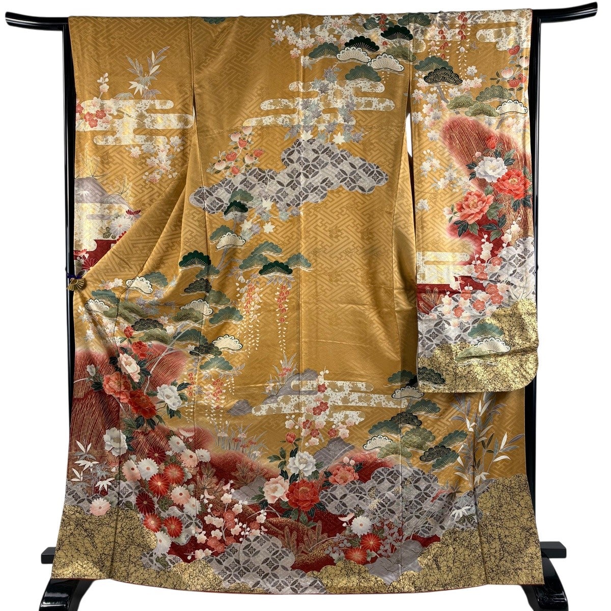 振袖 身丈168cm 裄丈65.5cm M 袷 牡丹 松竹梅 金糸 金彩 山吹茶色 正絹