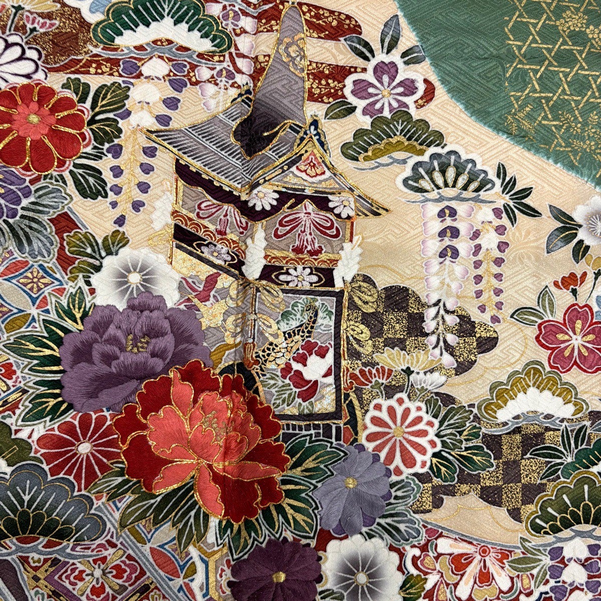 振袖 身丈159.5cm 裄丈65.5cm M 袷 山鉾 牡丹 刺繍 金糸 緑 正絹 秀品