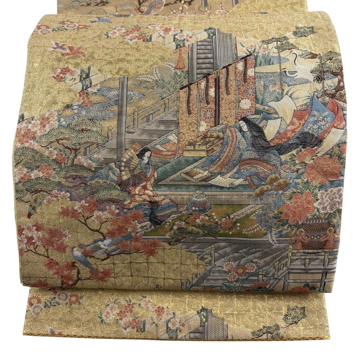 美品】 袋帯 名品 鶴 幾何学 金糸 箔 金色 お太鼓柄 正絹｜中古・古着