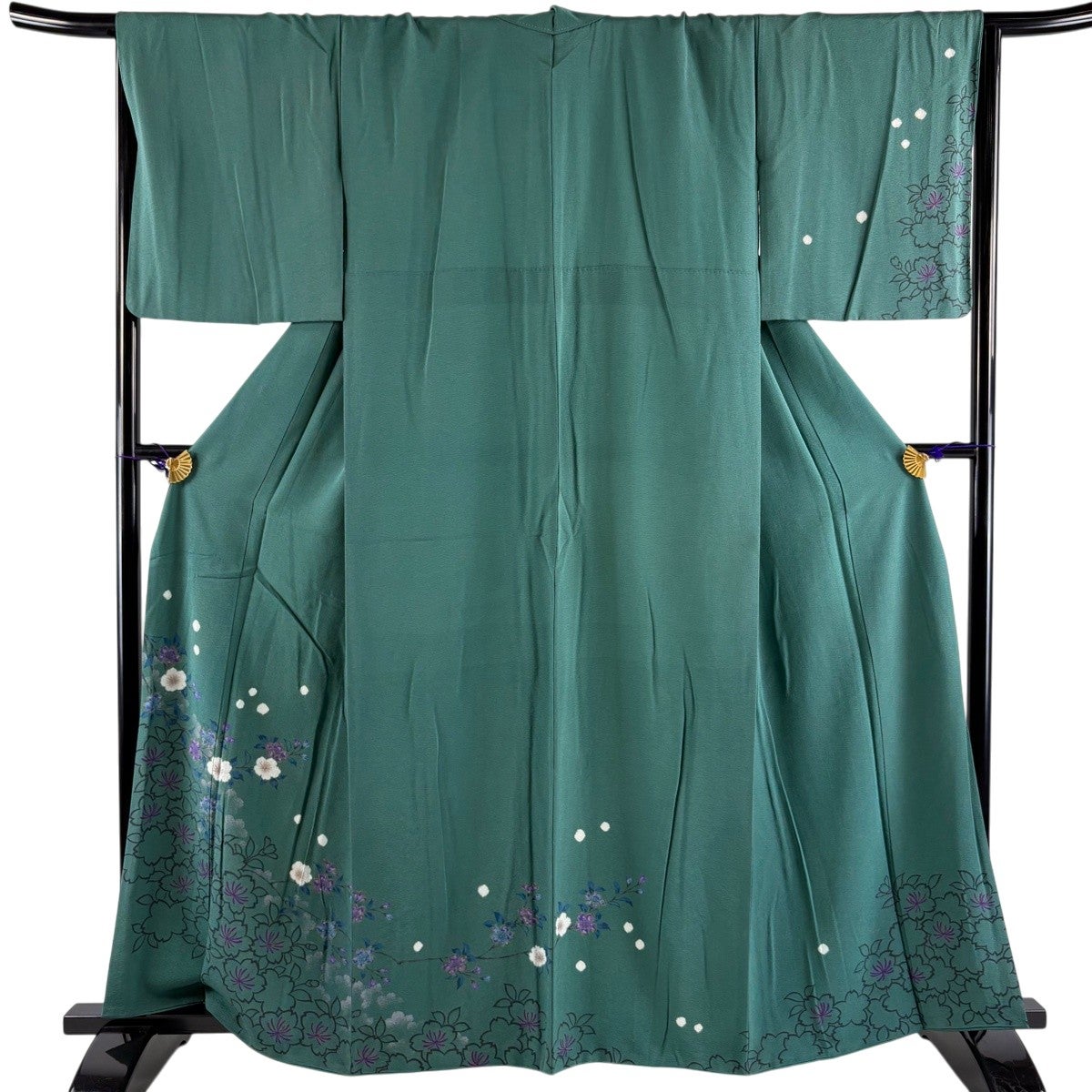 訪問着 身丈159cm 裄丈68cm L 袷 桜 絞り 金彩 緑 正絹 秀品｜中古