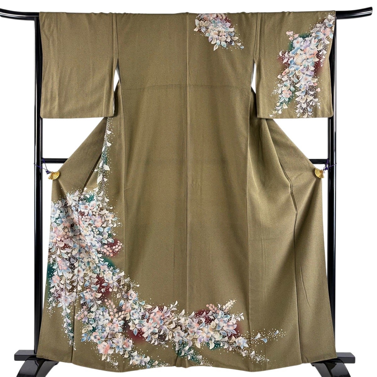美品】 訪問着 身丈161cm 裄丈66cm M 袷 辻が花柄 ぼかし 茶緑色 正絹