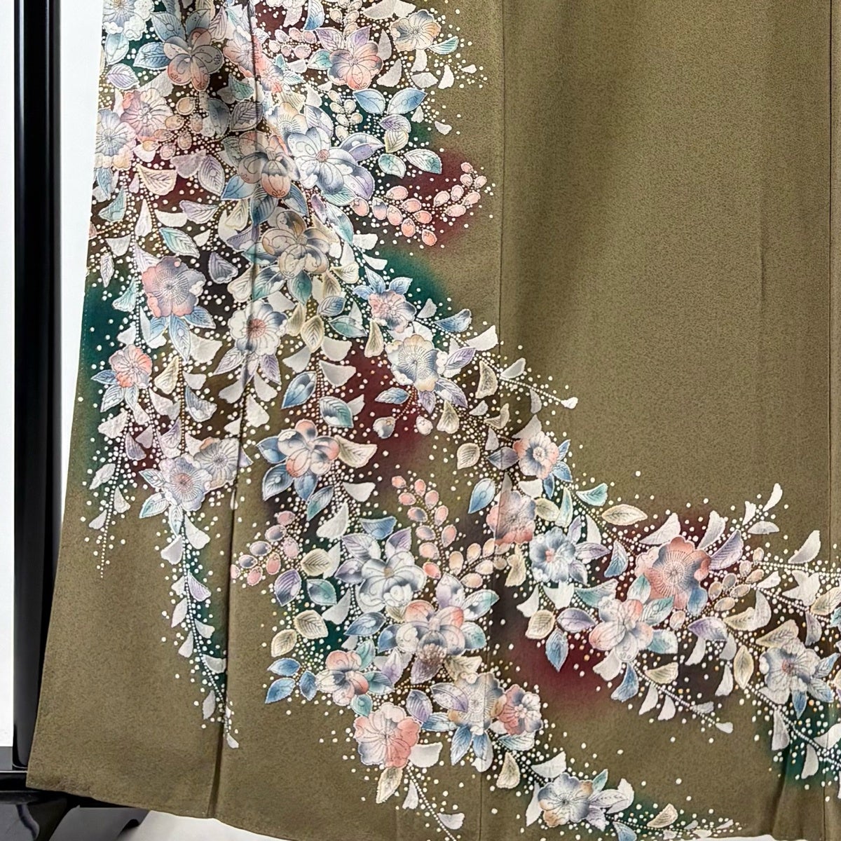 美品】 訪問着 身丈161cm 裄丈66cm M 袷 辻が花柄 ぼかし 茶緑色 正絹
